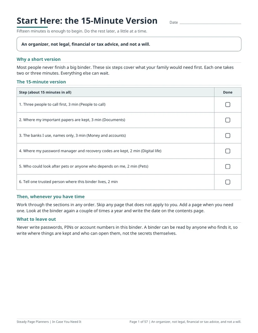 The free printable page: Start Here, the 15-Minute Version, with six steps and tick boxes.
